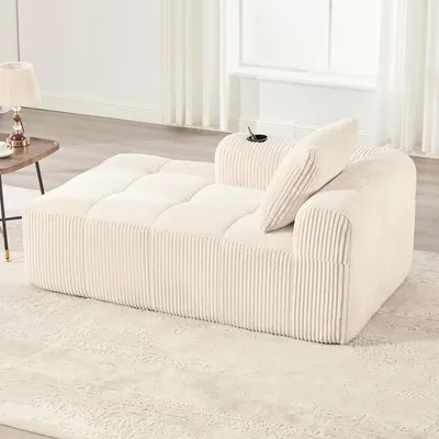 Obrázek produktu pro okwish Manšestrové lehátko chaise longue relaxační pohovka s integrovaným držákem na nápoje a bočními přihrádkami,rozkládací rohová pohovka s tlustým flanelovým designem,Béžová