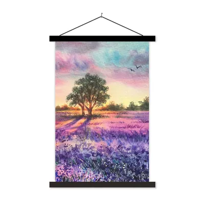Produktbild von MuchoWow® Textilposter Lavendel - Farbe - Vögel - Bäume - Lila 60x90 cm mit schwarzem Rahmen - Poster Wohnzimmer