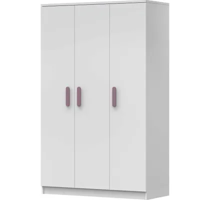 Produktbild von Kleiderschrank Drehtürenschrank Kinderkleiderschrank Schrank 120cm Weiß/Weiß mit erikafarbigen Griffen - JONAS 19