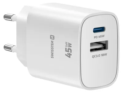 Image de CHARGEUR RAPIDE SUR PRISE GaN 1x USB-C 45 W PD + 1x USB-A 18 W QC SWISSTEN