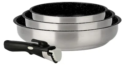 Produktbild von Edelstahl-Pfannen-Set, 4-teilig, mit Steinbeschichtung, für alle Herdarten, auch Induktion, abnehmbarer Griff, ohne , Grau