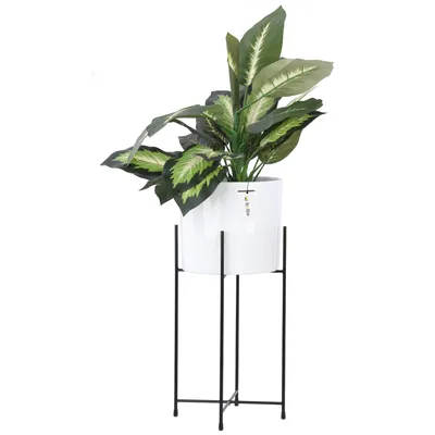 Produktbild von Blumenständer Blumenbeet Blumentopf Metall-Ständer Blumenübertopf Rund D 13,5 cm H 33 cm Weiß Glanz Oberfläche Gestell Orchidee Vase Keramik Modern Glamour