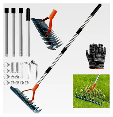 Produktbild von Vertikutierer mit Stiel 170 cm, Metall Schneidrechen für den Garten, abnehmbar, verstellbar, Handvertikutierer, Vertikutierharke für Garten, Hof, Rasen
