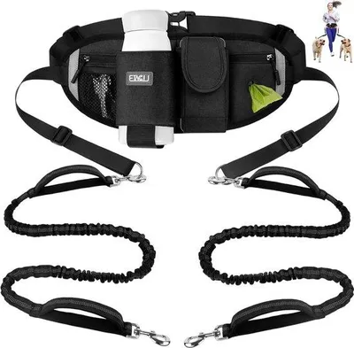 Produktbild von Famanu Joggingleine für 2 Hunde mit Bauchgurt und Handgriff - Elastische reflektierende Leine 90-130 cm für das Laufen