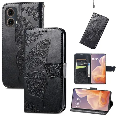 Produktbild von Für Motorola Moto G85 Kunstleder Wallet Handy Tasche Schmetterling Design Hülle Etuis Schwarz