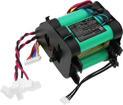 A battery pack with multiple green cells and various colored wires connected to a black plastic holder.