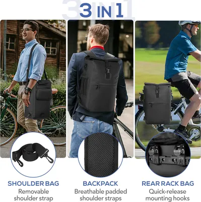 Immagine prodotto di borsa da bici impermeabile 3 in 1, borsa portapacchi per bici, zaino, borsa a tracolla, outdoor, bici, pendolari, con scomparto per laptop