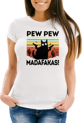Produktbild von Damen T-Shirt Pew Pew Madafakas! schwarze Katze Spruch Meme Frauen Fun-Shirt lustig Moonworks® weiß L