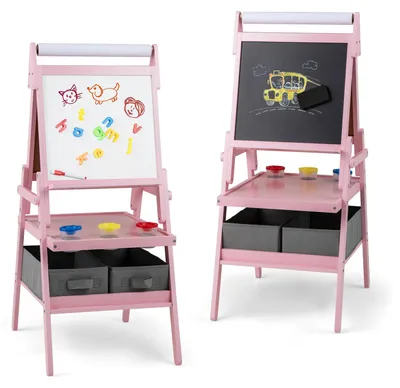 Produktbild von GOPLUS 3 in 1 Kinderstaffelei, multifunktionale Doppelstaffelei mit Whiteboard, Kreidetafel & Papierrolle, stehende Kindertafel mit Regal, Rosa