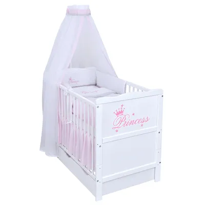 Produktbild von Baby-Delux Babybett Kinderbett Gitterbett Princess 60x120 Weiß mit Schublade 10-tlg Princess Bettwäsche Set Matratze, Beißschienen zum Schutz