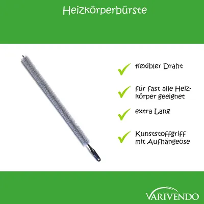 A radiator brush is shown diagonally on a white background, with text describing its features.