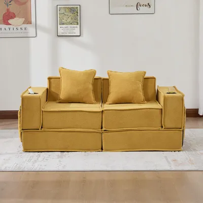 Produktbild von MODFU Modernes Modulares Sofa Schlafsofa mit Getränkehaltern und Seitentasche 2-Sitzer-Sofa Loungesofa mit 2 Kissen und Armlehnen Für Wohnzimmer geeignet Senfgelb