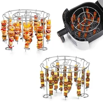 Produktbild von Homikit Airfryer Zubehör, 2 Stück 15,6 cm Rund Edelstahl Heißluftfritteuse Zubehör Grillrost mit 56 Spieße für Grillen, Abnehmbar Spießgestell für Airfryer, Gleichmäßiges Garen, Spülmaschinenfest