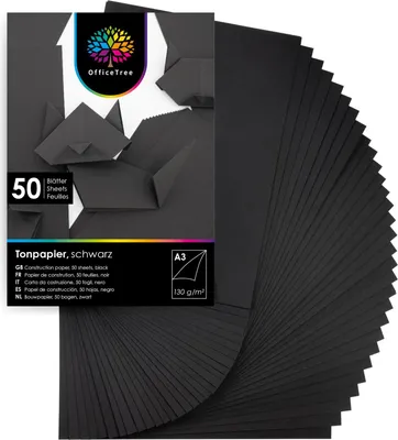 Produktbild von OfficeTree 50 Blatt Bastelpapier schwarz - Bastelset Kinder - Tonpapier A3 130g/m² zum Basteln Gesta