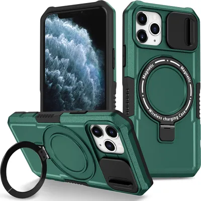 Produktbild von Handyhülle für iPhone 11 Pro Kompatibel mit MagSafe, Robuste Hülle mit Schiebe Kamera Schutz, Magnetischer Ringständer Dunkelgrün