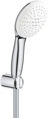 A close-up studio shot of a shower head and hose holder.