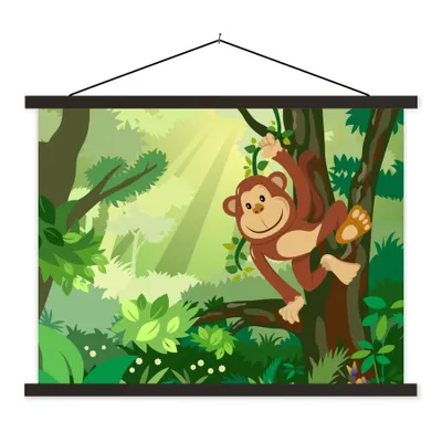 Produktbild von MuchoWow® Textilposter Affe - Dschungel - Jungen - Mädchen - Blumen - Kinder 120x90 cm mit schwarzem Rahmen - Aufhänger für Poster