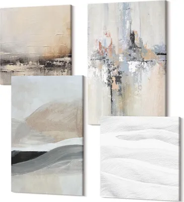 Produktbild von Leinwandbild Set 4-teilig – Modernes Wandbild – Polycanvas Kunstdruck – Abstrakte Bilder – Hochwertige Wandkunst – 2x 40x40 cm + 2x 40x60 cm – Abstrakte Muster in neutralen Erdtönen