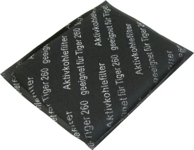 A black activated carbon filter for a Tiger 260 device, shown at an angle on a white background.