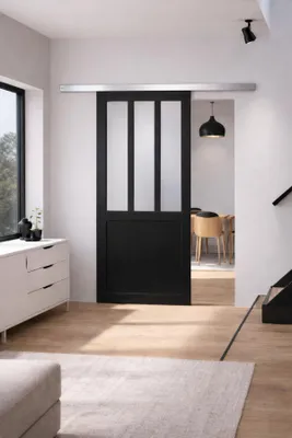 Immagine prodotto di Porta scorrevole da officina nera con vetro depoli H204 x L73 cm, binario in alluminio per GD MENUISERIES