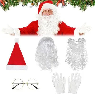 Produktbild von Weihnachtsmann-Kostüm-Set, bestehend aus Bart, Perücke, Hut, Brille und Handschuhen. Weihnachts-Kostüm, Weihnachts-Cosplay