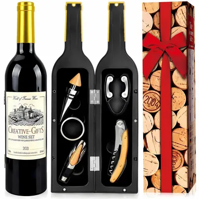 Immagine prodotto di Set di accessori per vino, design a bottiglia, composto da 5 pezzi: cavatappi, tappo per vino, anello antigoccia, versatore e tagliacapsule