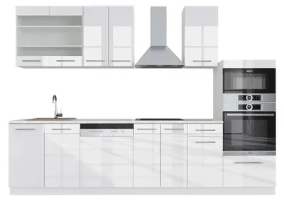 Obrázok produktu pre Kuchynský kút Vicco Fame-Line Biela vysoký lesk/biela 300 cm s vysokou skriňou, AP mramor, Model 42565