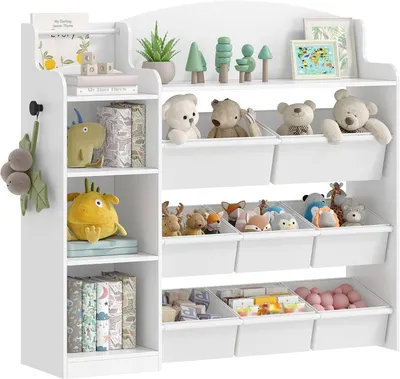 Produktbild von Kinderbuchregal, Holz-Spielzeugregal mit 8 Stoff-Aufbewahrungsboxen und offenen Fächern, weiß