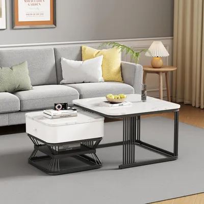 Image de okwish Ensemble de 2 tables basses avec plateau effet marbre et surface laquée, cadre métallique, blanc + noir