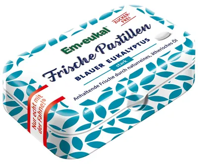 Immagine prodotto di Em eukal Pastiglie Fresche Blu Eucalipto senza zucchero Barattolo di metallo da 20 g