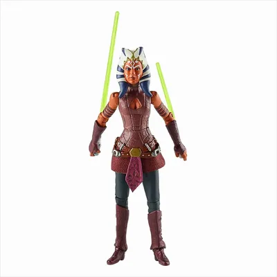 A Star Wars action figure of Ashoka Tano holding two lightsabers.