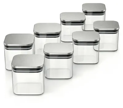 Immagine prodotto di Barattoli di vetro Arendo, set di contenitori in vetro 8x 0,8 L in vetro borosilicato con coperchio in acciaio inossidabile, angolari, ermetici, set da 8, resistenti al calore, ecologici, durevoli, adatti al microonde