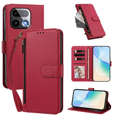 Image de Étui portefeuille pour Realme 16 Pro+, en cuir PU, avec compartiments pour cartes, support et dragonne. Couleur : rouge