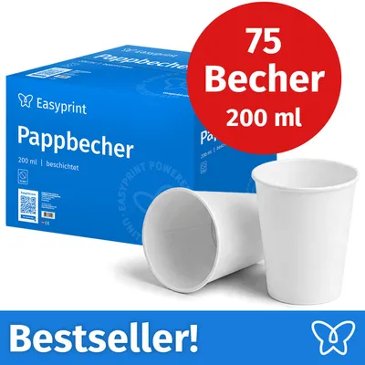 Produktbild von Easyprint Pappbecher, 200ml, unbedruckt, Einwegbecher, 75 Stück