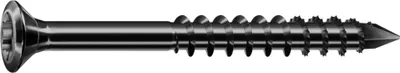 A single black screw on a white background.