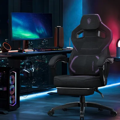 Obrázek produktu pro Herní židle – ergonomický design s opěrkou nohou – nastavitelná opěrka hlavy a bederní páteře – prodyšná tkanina