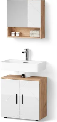 Produktbild von Badmöbel-Set Livinity Ronco Weiß Hochglanz/Goldkraft Eiche 2 Teile, Unterschrank 60 cm, Model 52828