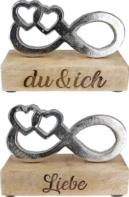 Produktbild von GILDE Standrelief, Herzmotiv, Schriftzug, Aluminium, Mangoholz, naturfarben, silberfarben, , 2 Stück wie abgebildet, L. 4,5 cm, B. 12,5 cm, H. 9 cm 42543