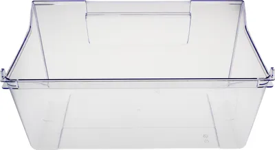 A clear, front-facing studio shot of a transparent plastic refrigerator drawer.