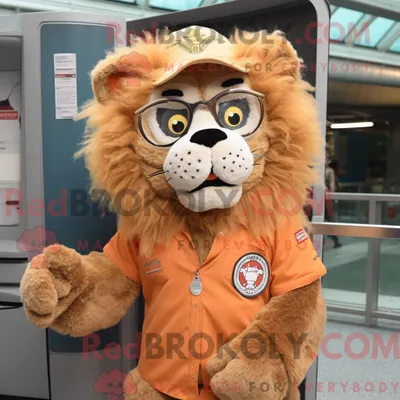 Produktbild von Maskottchen REDBROKOLY eines Rostbändiger-Löwen mit A-Linien-Kleid und Brille