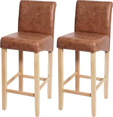 Two brown bar stools with wooden legs are shown against a white background.