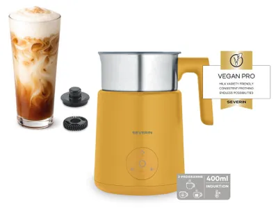 Produktbild von Severin Induktions-Milchaufschäumer, elektrisch, mit Edelstahlbehälter, kaltes & warmes Aufschäumen, Schoko-Funktion, auch Veganer Drink, gelb, SM 3597