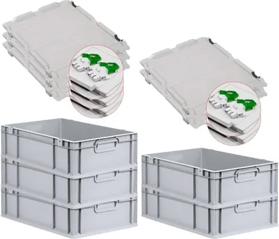 Produktbild von SuperSparSet 5x Eurobox NextGen Grip mit Scharnierdeckel und grünen Schiebeschnappverschlüssen | HxBxT 17x40x60cm | 34 Liter | Grau | Griffe geschlossen | Glatter Boden | Eurobehälter, Transportbox, Transportbehälter, Stapelbehälter