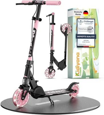Produktbild von Kidiyana Kinderroller Scooter ab 5 Jahren bis 50 kg – Tretroller Kinder mit 120 mm PolyurethanLeuchträdern, ABEC-5 Kugellager, Handbremse & Fußbremse, Stoßdämpfung, klappbar und höhenverstellbar für Jungen und Mädchen
