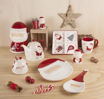 Image de Décoration de Noël en céramique de style champêtre, blanc/rouge