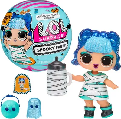 A L.O.L. Surprise! Spooky Party doll and its accessories are displayed against a white background.
