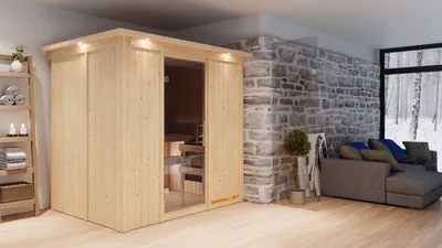 Produktbild von Karibu Sauna Innensauna Bodin Fronteinstieg Ofen 9 kW integr. Strg 210x165x202 cm mit Dachkranz mit Graphittür