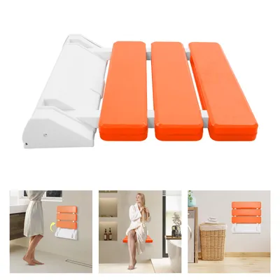 A collage of images showing a foldable shower seat in different settings.