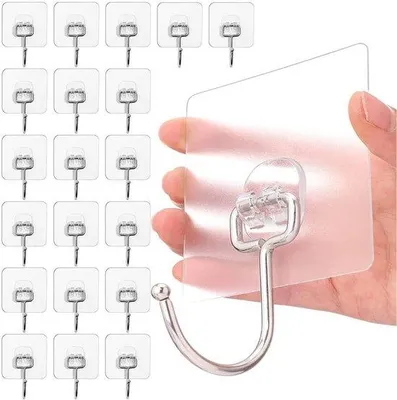 Produktbild von Famanu Selbstklebende Haken und Schrauben - Starke Wandhaken ohne Bohren - Transparent und Wiederverwendbar (20 Stück)