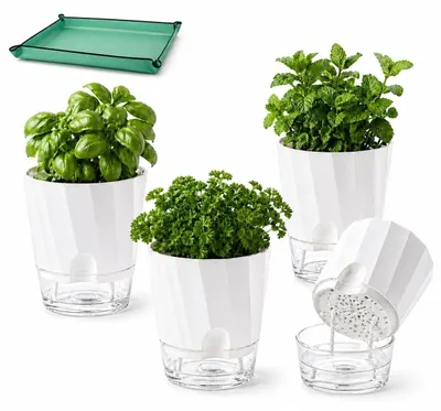 Produktbild von Selbstbewässernder Blumentopf - 4-teiliges Set - 15,3 cm - doppelwandiges PP-Kunststoff - für Innen/Balkon - Kräutertopf